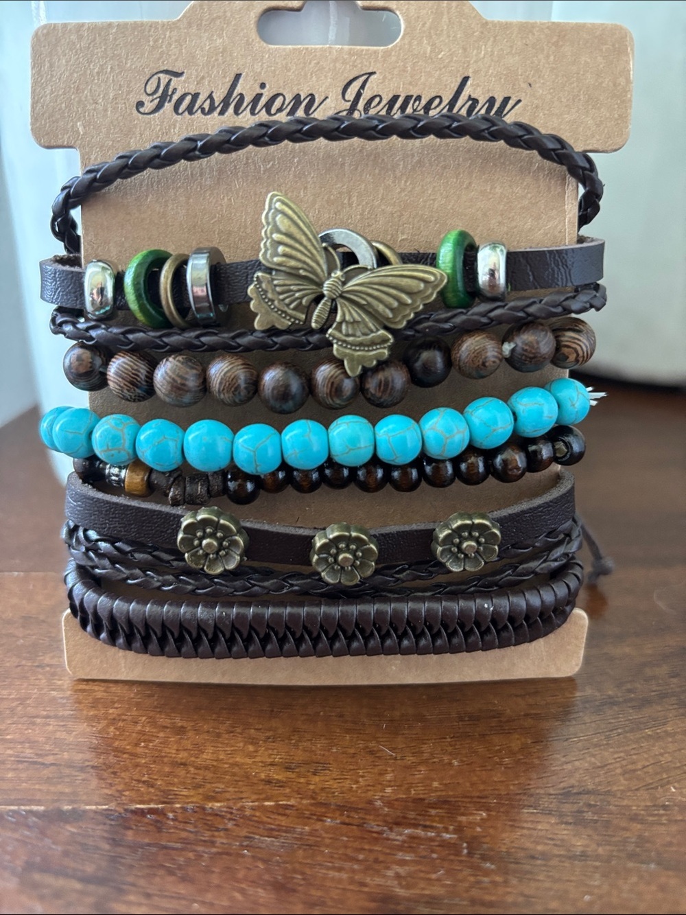 Buddha Wood Bead leather braids,6 row,wrap,butterfly,turquoise,adjustable